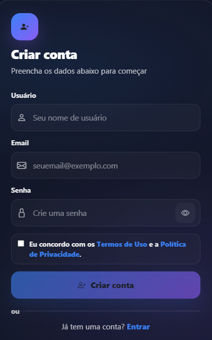 Tela de criação de conta
